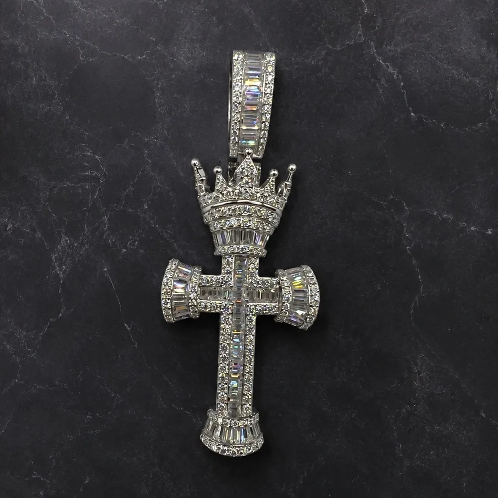 Men's 925 Sterling Silver Crown Cross Pendant 3.80CTW MOISSANITE